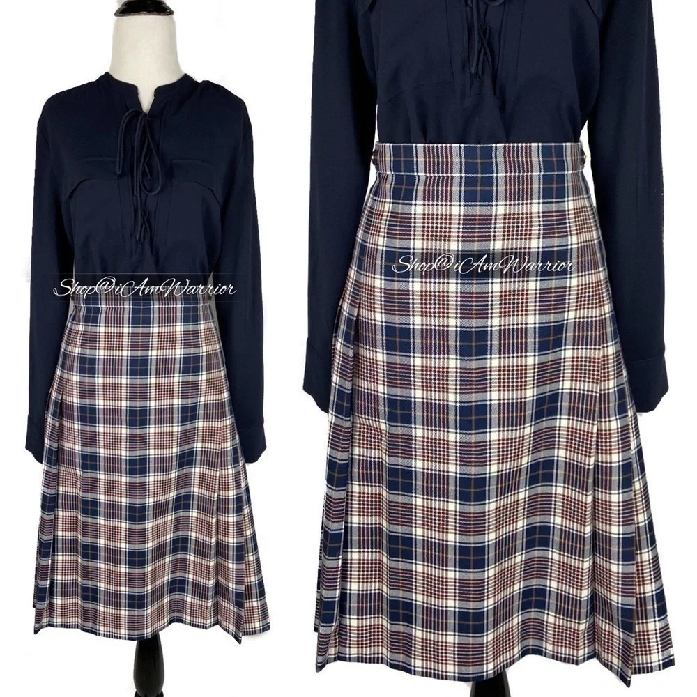 Tory Burch pleated navy, ivory & burgundy plaid skirt shop@iamwarrior